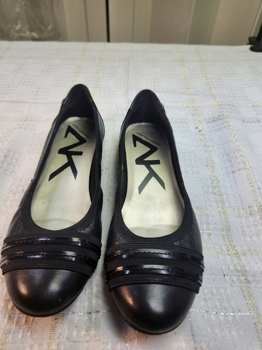 Black Leather Ballet Flats with Patent Trim